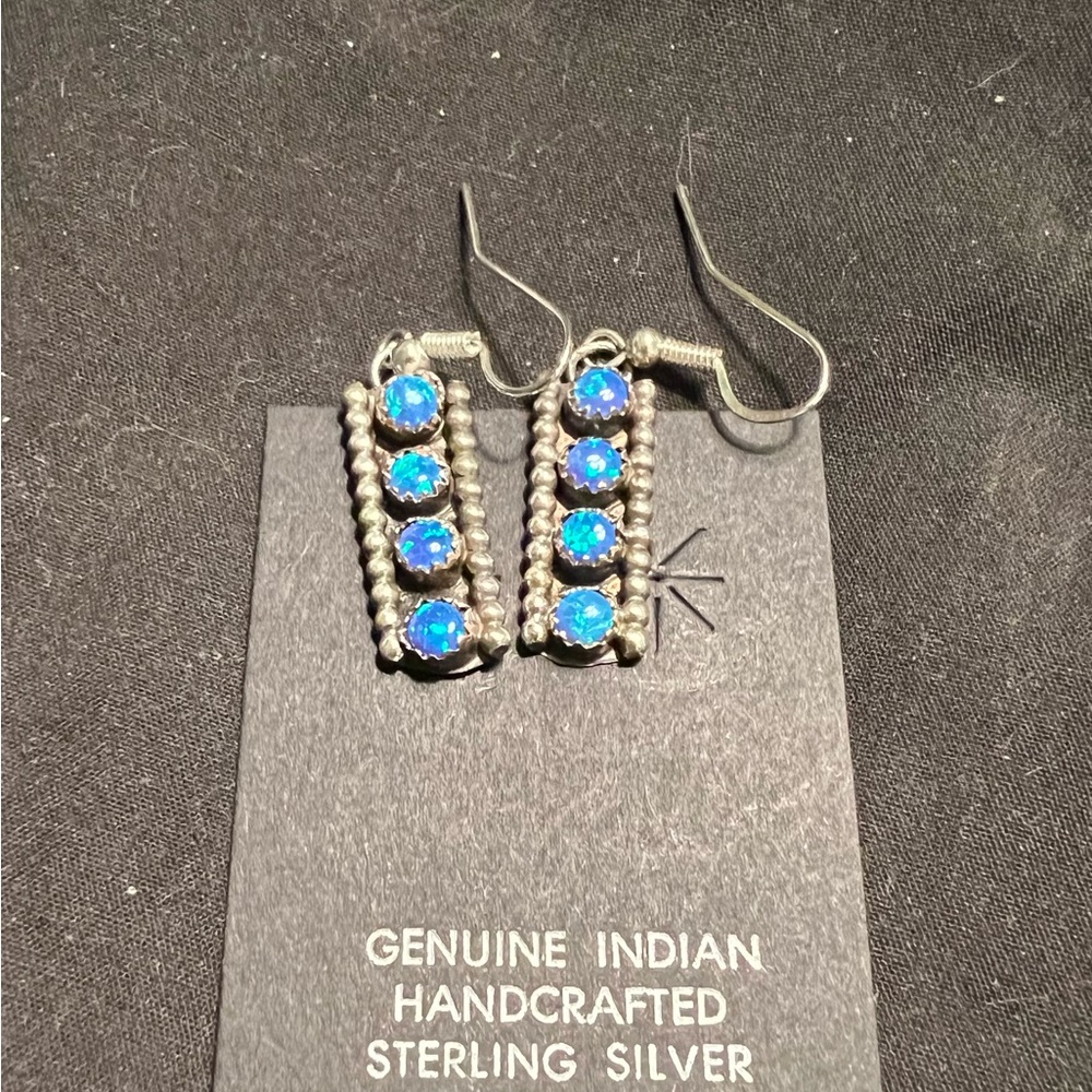 Opal Blue and Sterling Silver Snake eyes Dangle Earrings - Picture 4 of 5